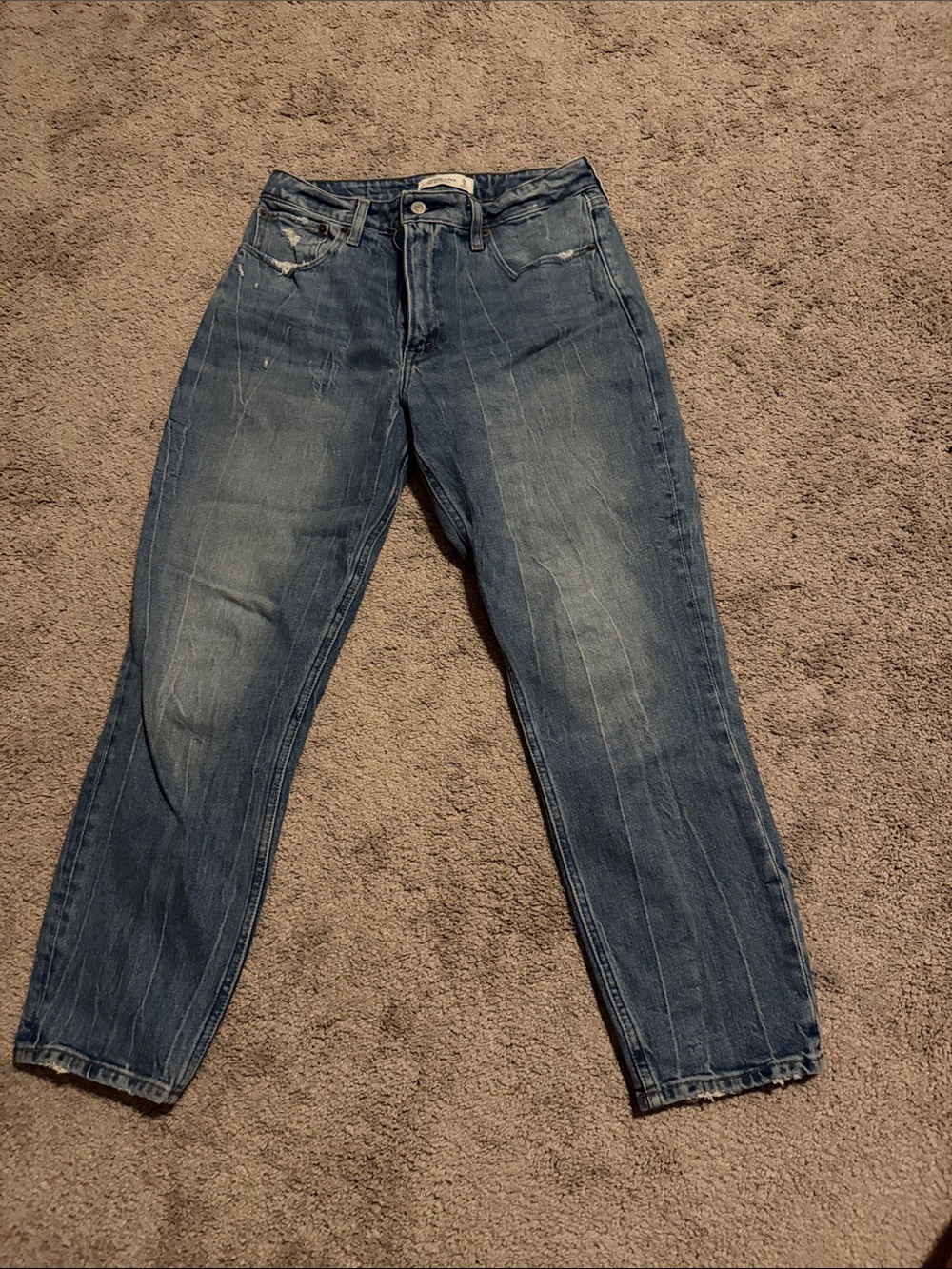 Abercrombie & Fitch Distressed Dark Blue High Rise Curve Love Mom Jeans